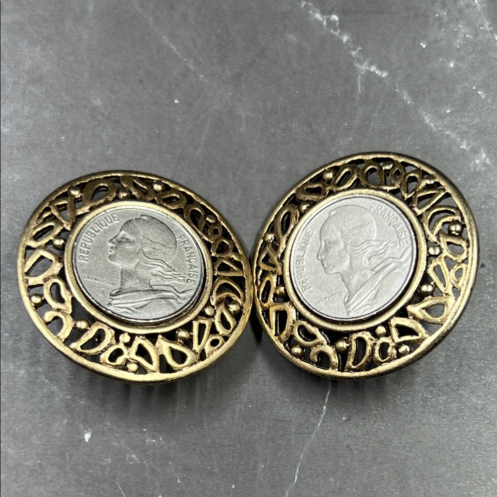 Vintage Gold Toned Republique Francaise Coin Earrings
